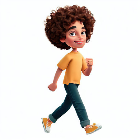 3D Render of Little Boy with afro hairstyle running poseの素材