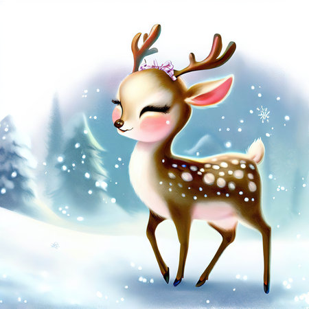 Cute cartoon reindeer in winter forest with snowflakesの素材