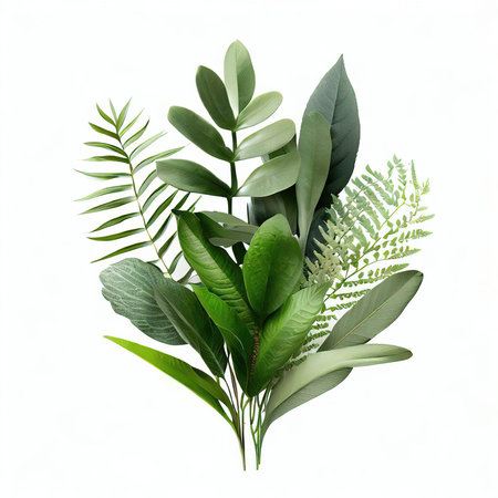 Eucalyptus and fern leaves isolated on white backgroundの素材