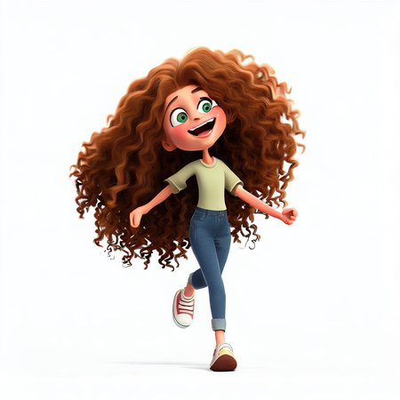 3D Render of Little Girl with long curly hair and happy faceの素材