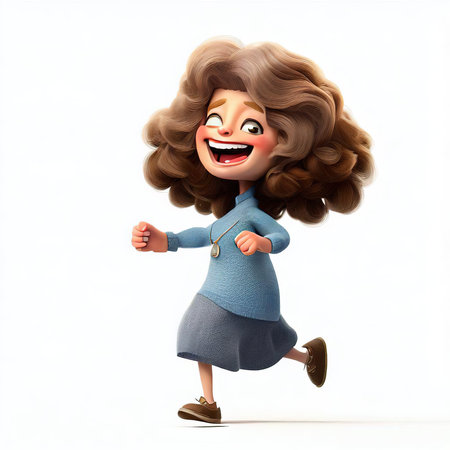 3D Render of Little Girl with Curly Hairstyle Runningの素材