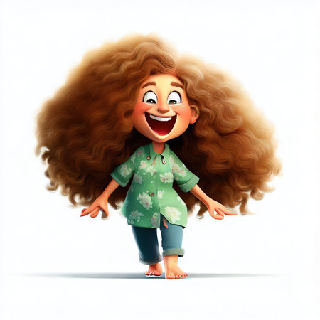 3D Render of Little Girl with Curly Hair isolated on white backgroundの素材
