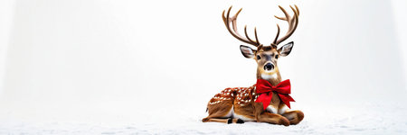 Christmas deer with red bow isolated on white background with copy space.の素材