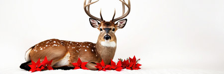 White-tailed deer with red poinsettia on a white backgroundの素材