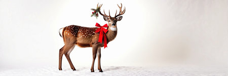 deer with a red bow on a white background, Christmas bannerの素材