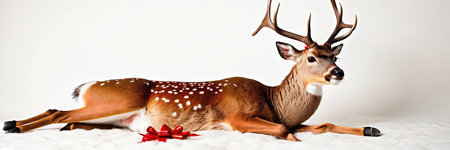 White-tailed deer with antlers and Christmas decorations on a white backgroundの素材