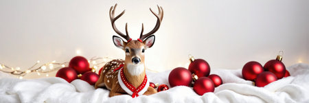 Christmas and New Year holidays background with deer and red baubles.の素材