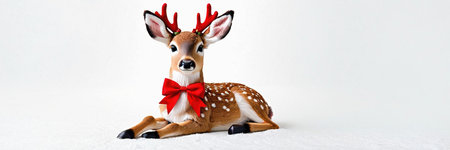 Christmas deer with red bow on white background. Christmas and New Year concept.の素材