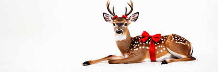Beautiful deer with red bow isolated on white background, banner.の素材