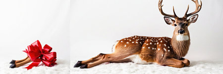 Christmas and New Year composition with deer and gift box on a white backgroundの素材