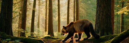 brown bear walking in the forest, panoramic view of a wild animalの素材
