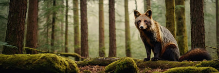 Panoramic view of a brown bear in the evergreen forestの素材