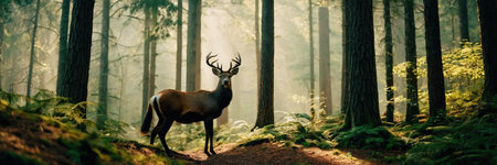 Majestic red deer stag walking in forest. panoramic imageの素材