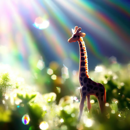 Giraffe in the grass with bokeh and sun raysの素材