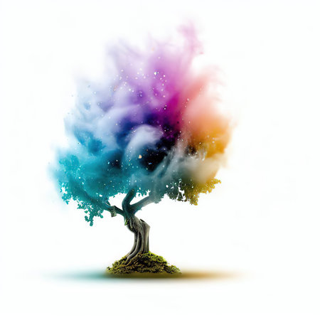 Abstract tree with colorful smoke isolated on white background. Vector illustration.の素材