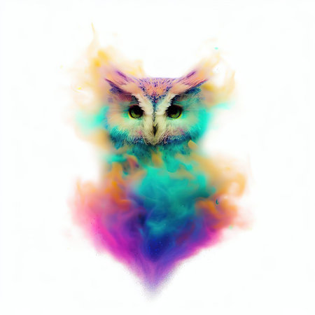 Colorful abstract background with an owl and smoke on a white backgroundの素材
