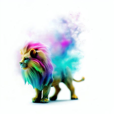 Lion with colorful smoke isolated on white background. 3d illustrationの素材