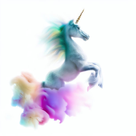 Unicorn with rainbow tail flying in the clouds, isolated on white backgroundの素材
