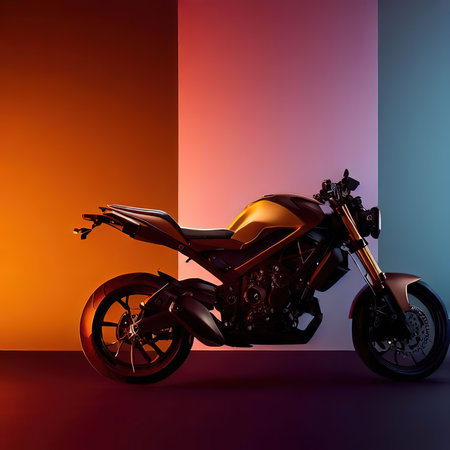 Modern chopper motorcycle on a colorful background. 3d rendering.の素材