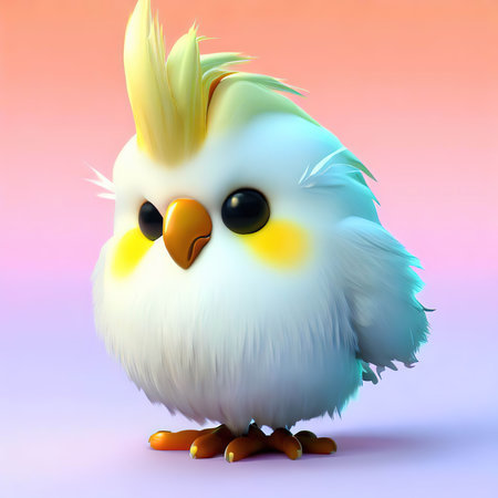 Cute white chicken with yellow beak. 3D illustration.の素材