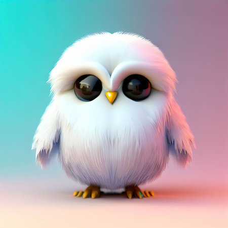 Cute cartoon owl with big eyes. 3D rendered illustration.の素材