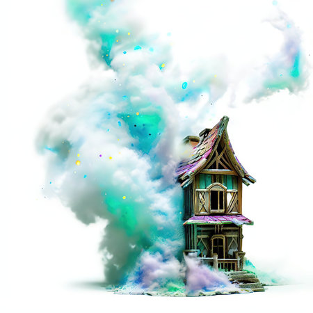 Grunge illustration of a house with smoke on a white backgroundの素材