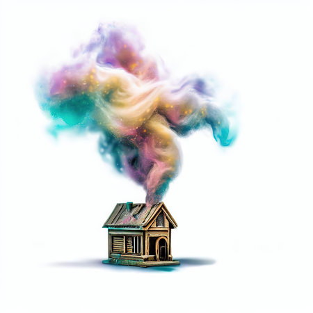 House with colorful smoke on white background. Isolated 3D illustrationの素材