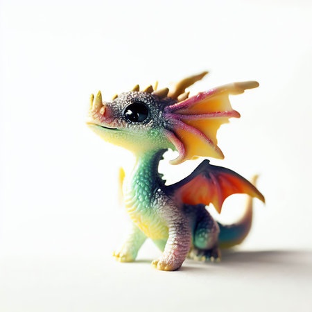 Colorful plastic toy dragon isolated on white background. Minimal style.の素材