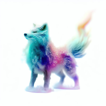 abstract image of a fox with colored dust on a white backgroundの素材