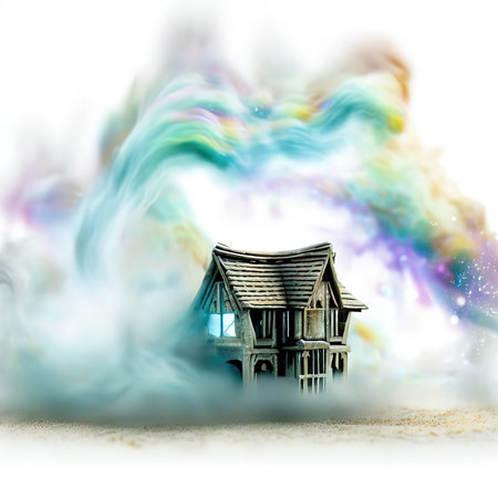 Wooden house in the clouds of smoke. Illustration for your designの素材