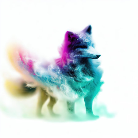 Fantasy image of a wolf made of smoke on a white backgroundの素材