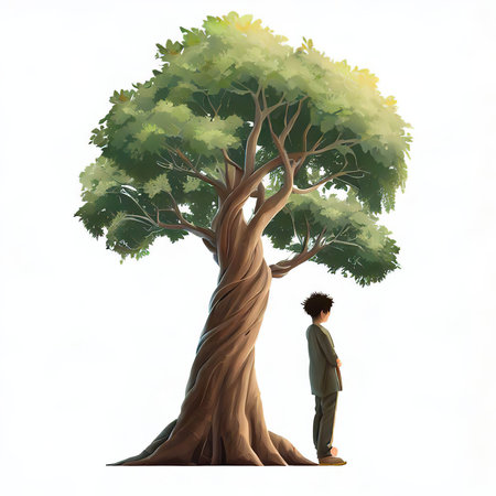 Illustration of a young man standing next to a big tree.の素材