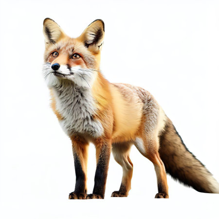 Red fox isolated on white background. Portrait of a wild animal.の素材