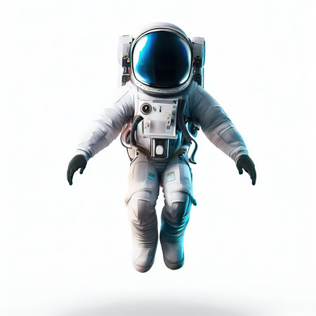 Astronaut in space suit flying isolated on white background. Mixed mediaの素材