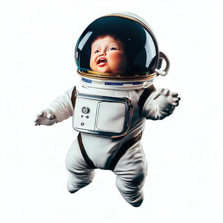 Cute little girl dressed like an astronaut. Studio shot. White background.の素材