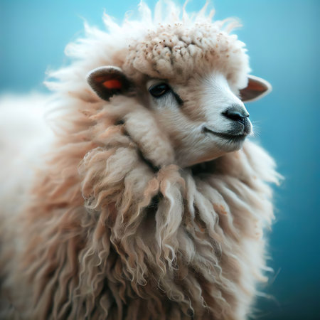 Sheep portrait. Close-up of a sheep on a blue background.の素材