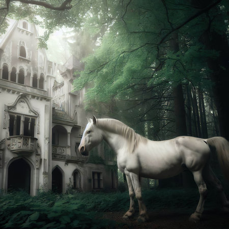 White horse in the forest. Fantasy scene. 3D rendering.の素材