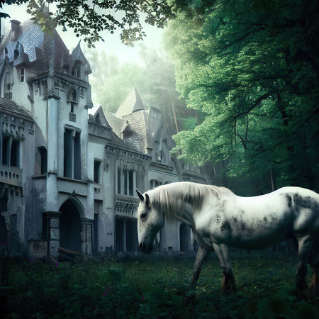 White horse in front of old castle in the forest. fairy taleの素材