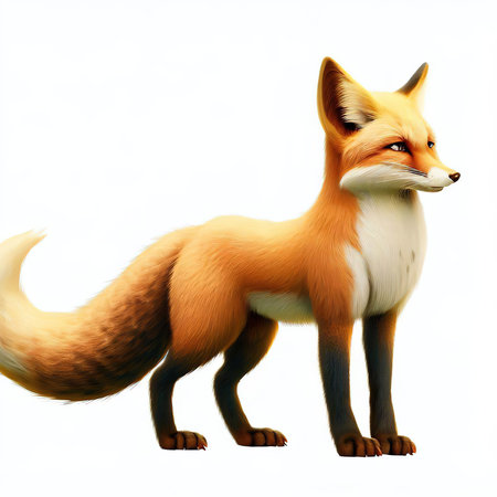 Red fox isolated on white background. 3d render. Cartoon style.の素材