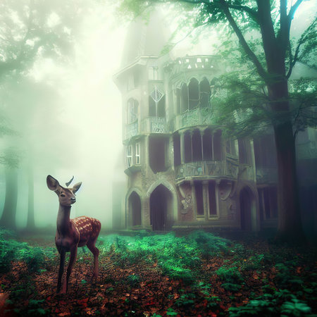 Deer in front of a haunted house in a misty forestの素材