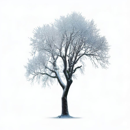 Winter tree with hoarfrost isolated on white background. 3d illustrationの素材