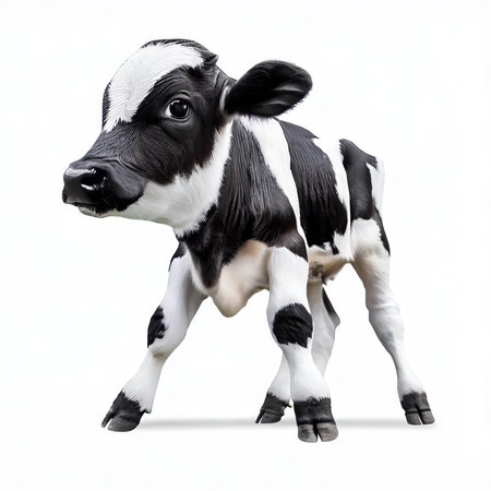 Cute black and white cow standing isolated on white background with clipping pathの素材