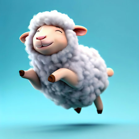 Sheep jumping in the air. 3D illustration. Cartoon character.の素材