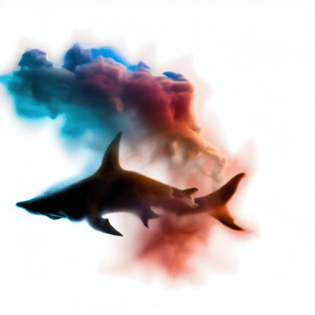Shark in fire and smoke isolated on white background. 3d illustrationの素材