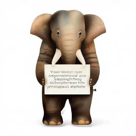 elephant with blank card isolated on white background - 3d illustrationの素材