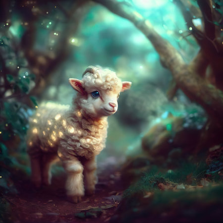 Little lamb in the forest with bokeh background. Vintage style.の素材