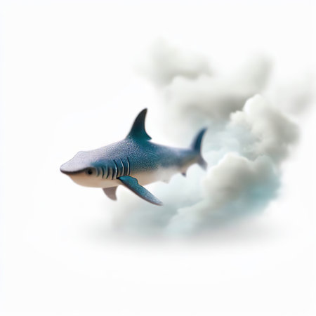 Shark on a white background with clouds in the sky. 3d illustrationの素材