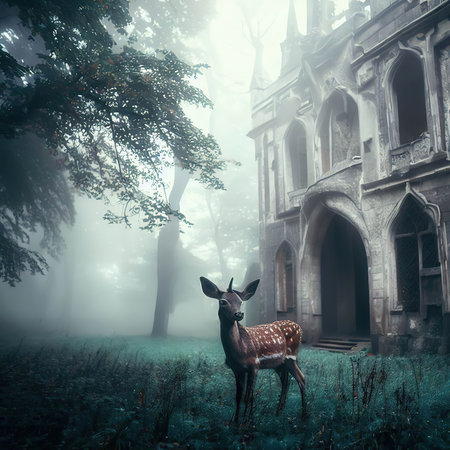 Fantasy scene with a deer in the forest and old house.の素材
