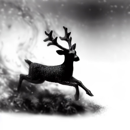 Black and white image of a christmas reindeer on snowの素材