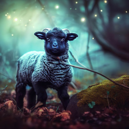 Sheep in the forest at night. Fantasy image of a lamb.の素材